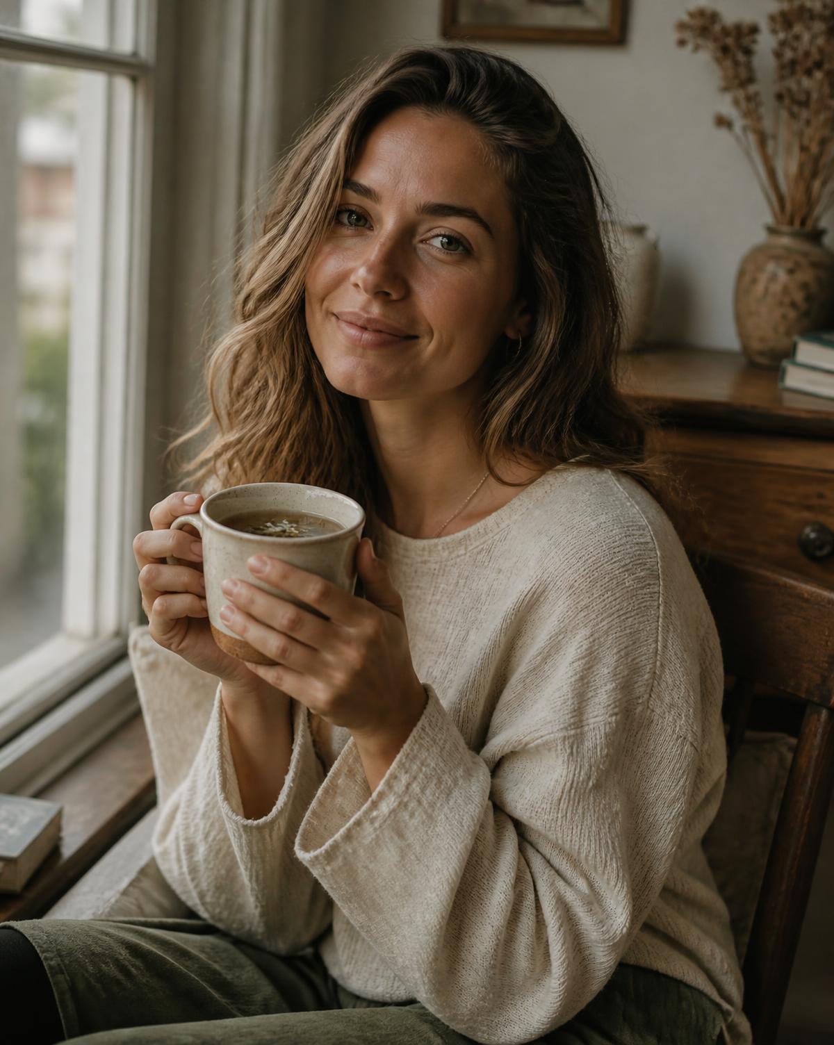 Julie Samson sitting by a window holding a mug of herbal tea